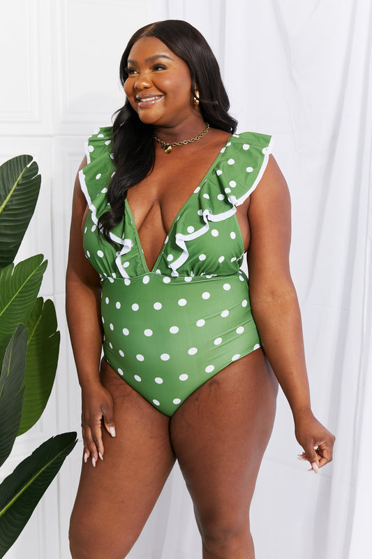 Marina West Swim Moonlit Dip Ruffle Plunge Swimsuit in Mid Green-Teresa&#39;s Fashionista LLC