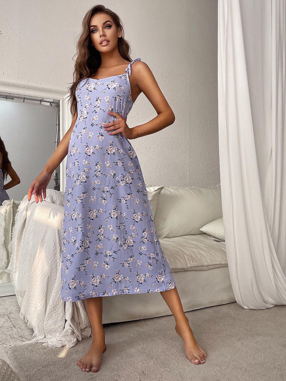 Printed Tie Shoulder Midi Night Dress-Teresa&#39;s Fashionista LLC