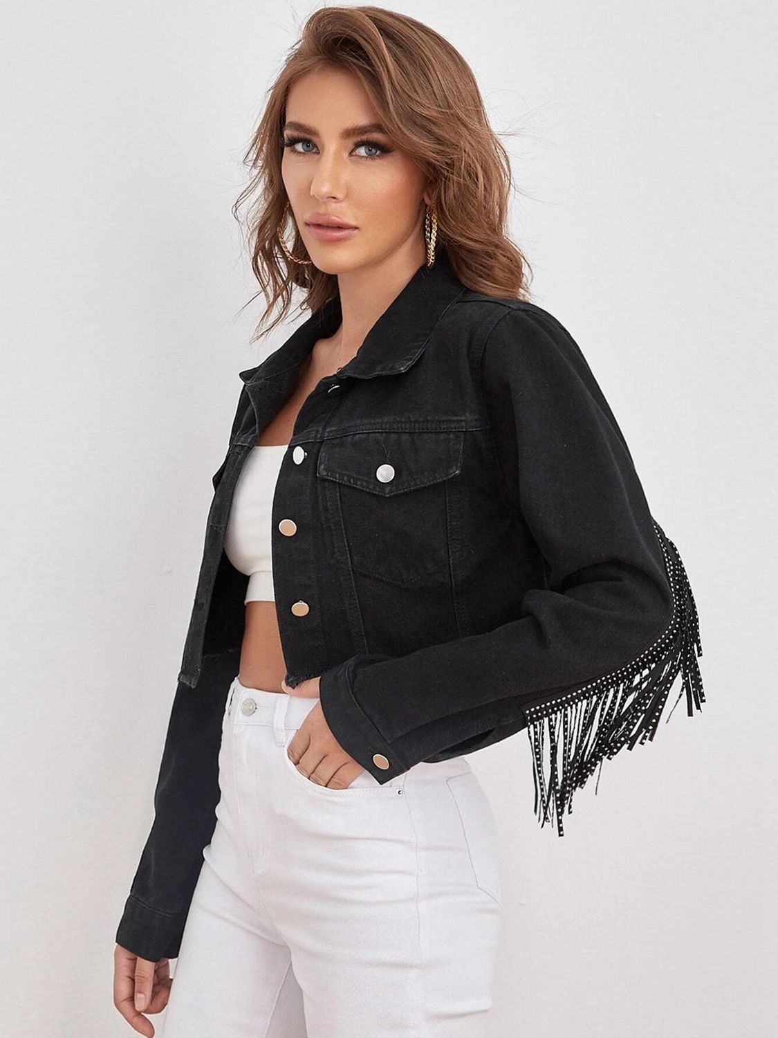 Fringe Detail Collared Neck Cropped Denim Jacket-Teresa&#39;s Fashionista LLC