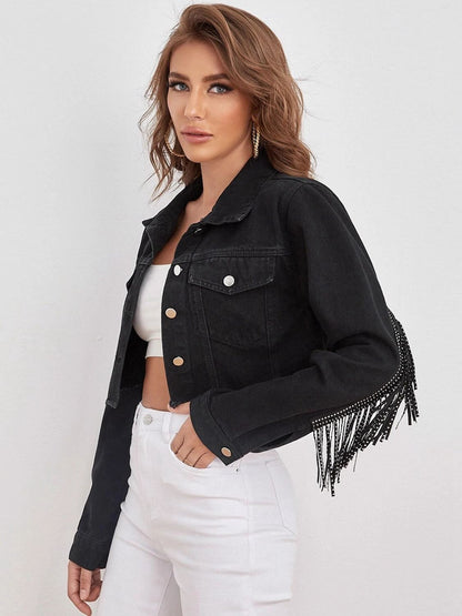 Fringe Detail Collared Neck Cropped Denim Jacket-Teresa&#39;s Fashionista LLC