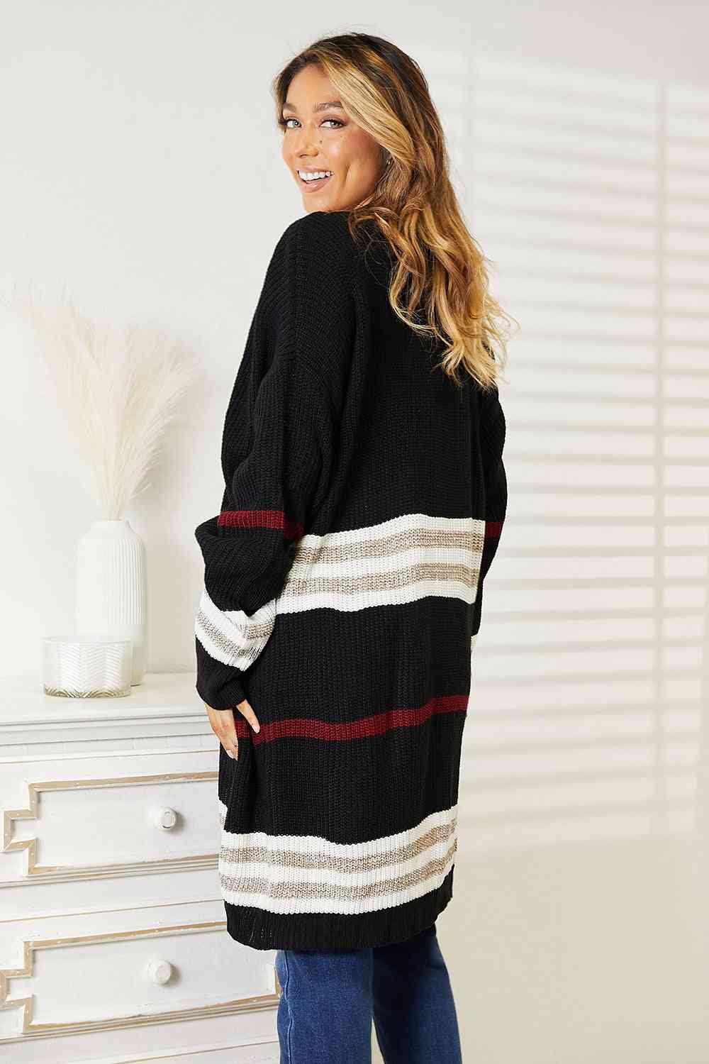 Double Take Striped Rib-Knit Drop Shoulder Open Front Cardigan-Teresa&#39;s Fashionista LLC