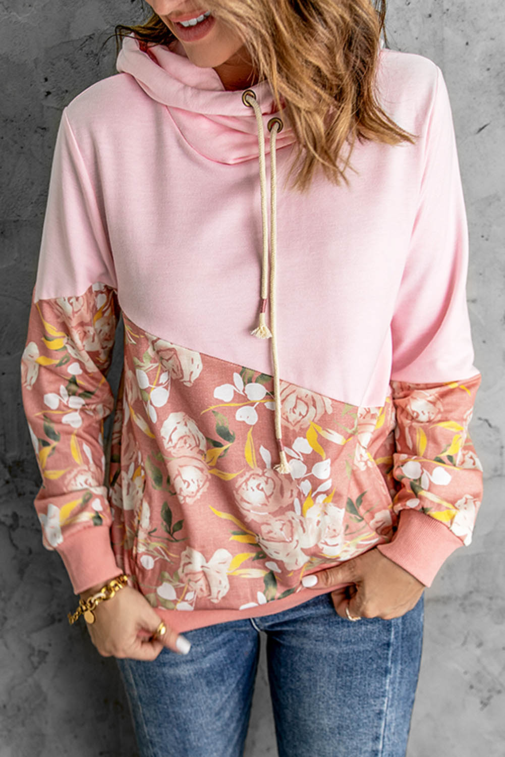 Floral Color Block Drawstring Hoodie-Teresa&#39;s Fashionista LLC