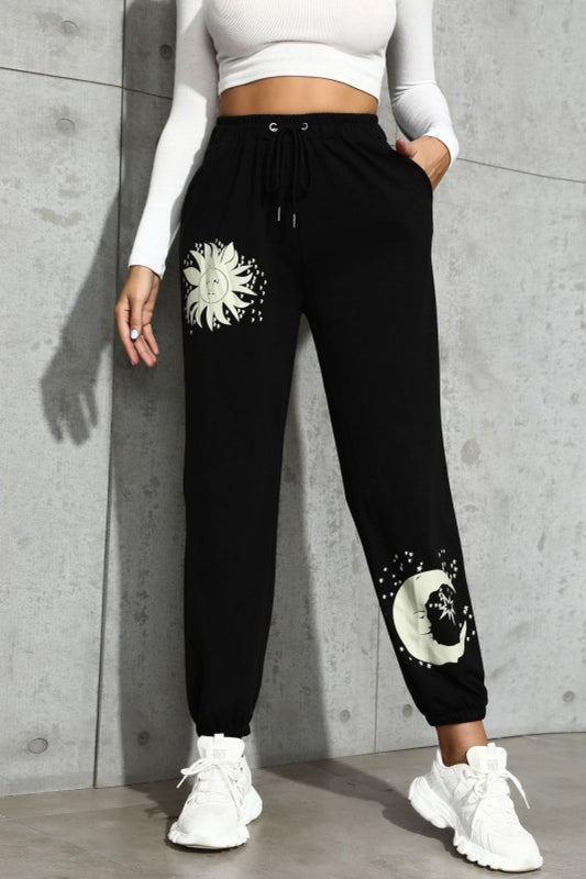 Sun and Moon Graphic Drawstring Joggers - Teresa's Fashionista LLC