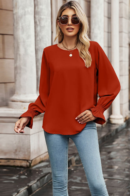 Round Neck Long Flounce Sleeve Blouse-Teresa&#39;s Fashionista LLC