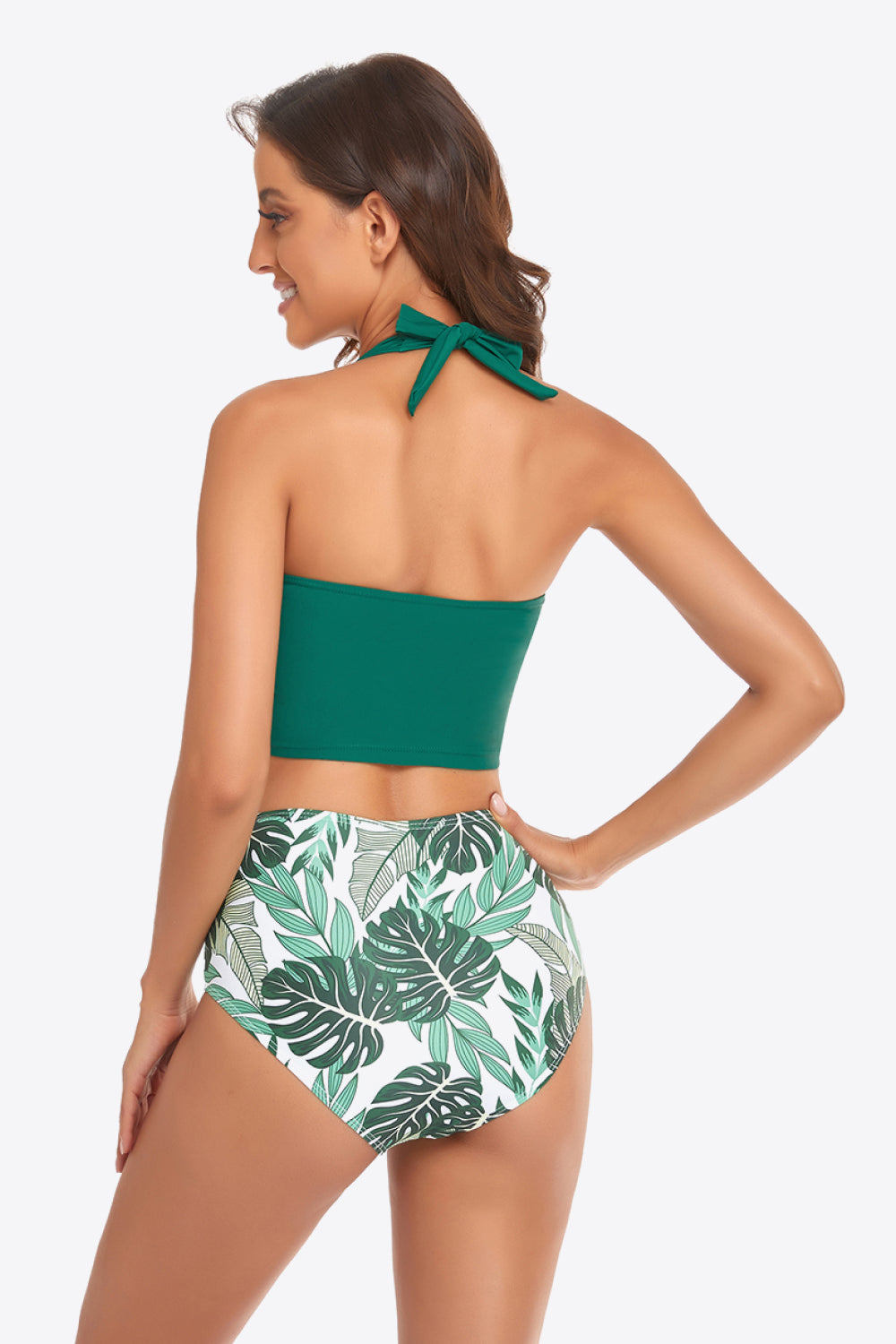 Botanical Print Halter Neck Drawstring Detail Bikini Set-Teresa&#39;s Fashionista LLC