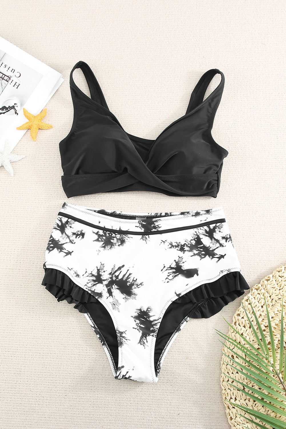 Two-Tone Crisscross Frill Trim Two-Piece Swimsuit-Teresa&#39;s Fashionista LLC