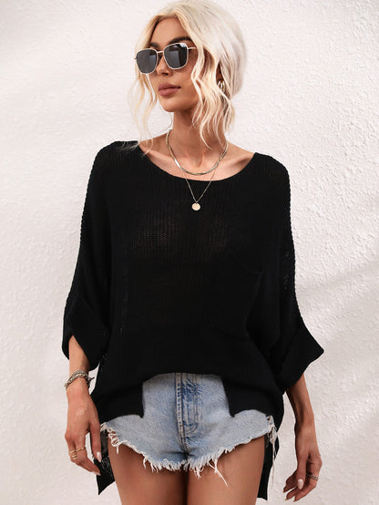 Boat Neck Cuffed Sleeve Slit Tunic Knit Top-Teresa&#39;s Fashionista LLC