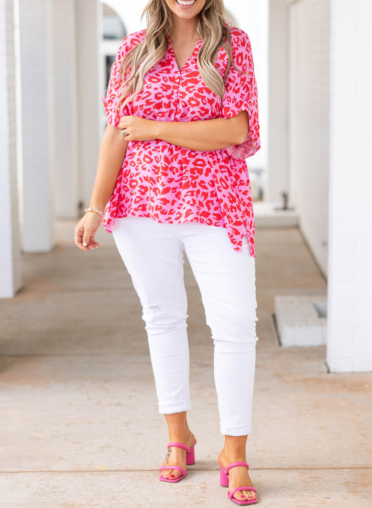 Plus Size Printed Notched Neck Half Sleeve Top-Teresa&#39;s Fashionista LLC