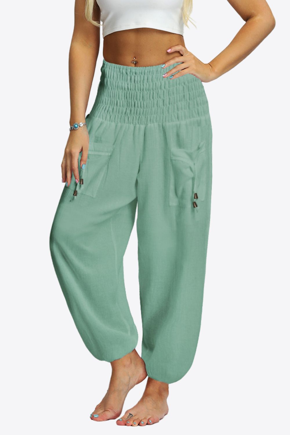 Smocked Long Joggers with Pockets-Teresa&#39;s Fashionista LLC