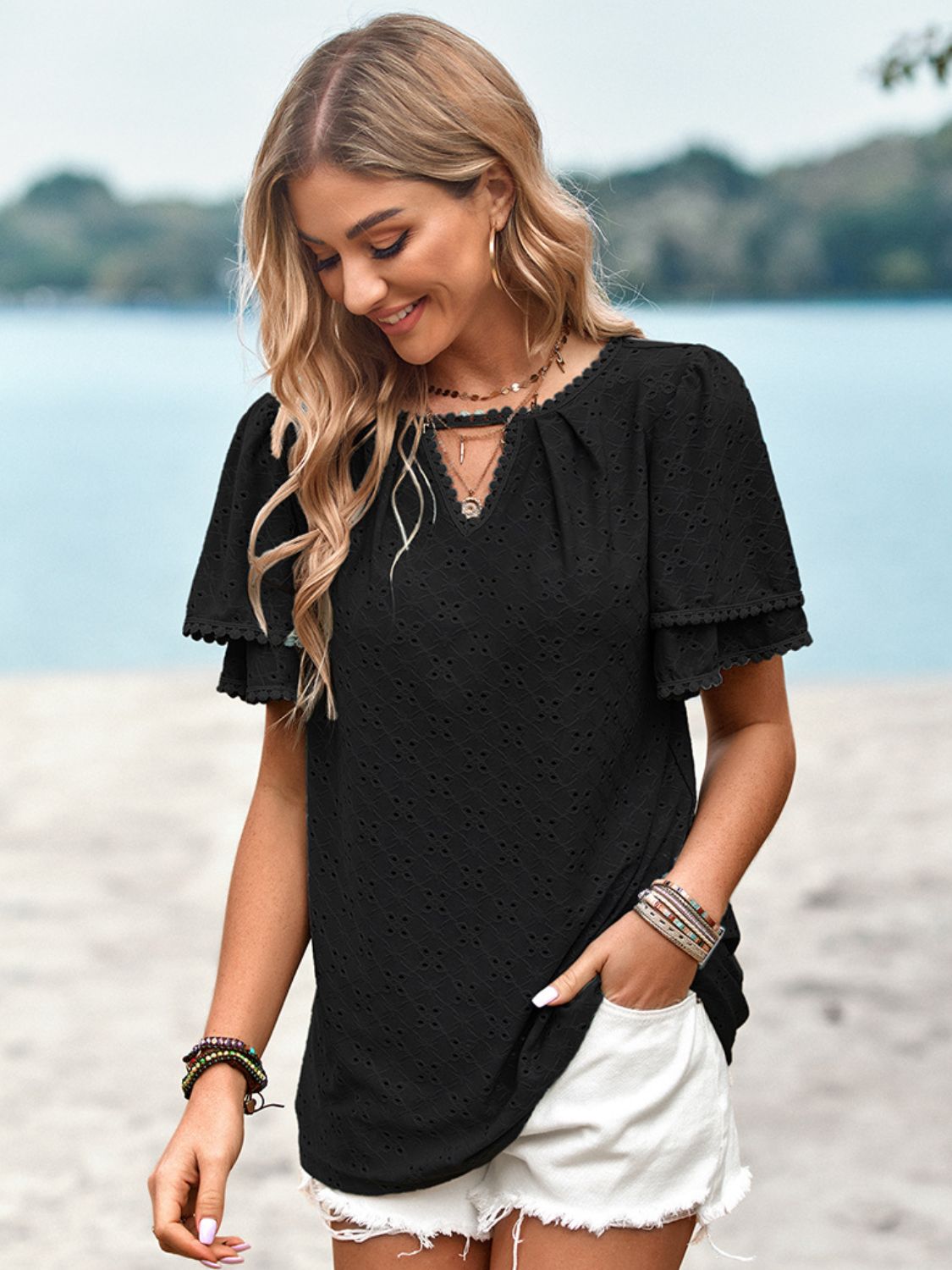 Eyelet Round Neck Puff Sleeve Blouse-Teresa&#39;s Fashionista LLC