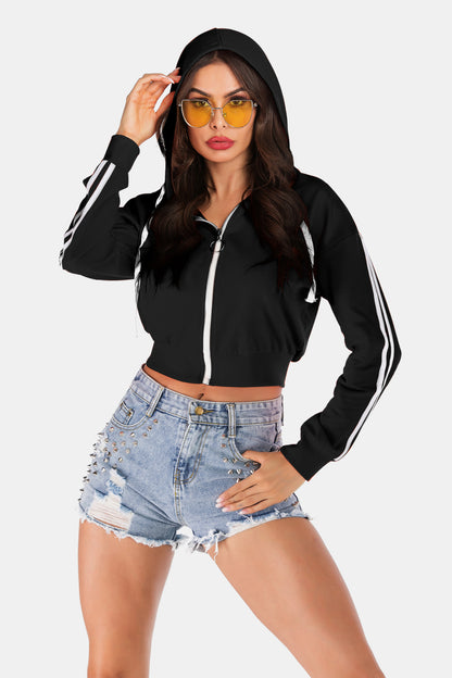 Side Stripe Drawstring Cropped Hooded Jacket-Teresa&#39;s Fashionista LLC