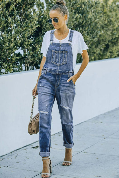 Pocketed Distressed Denim Overalls-Teresa&#39;s Fashionista LLC