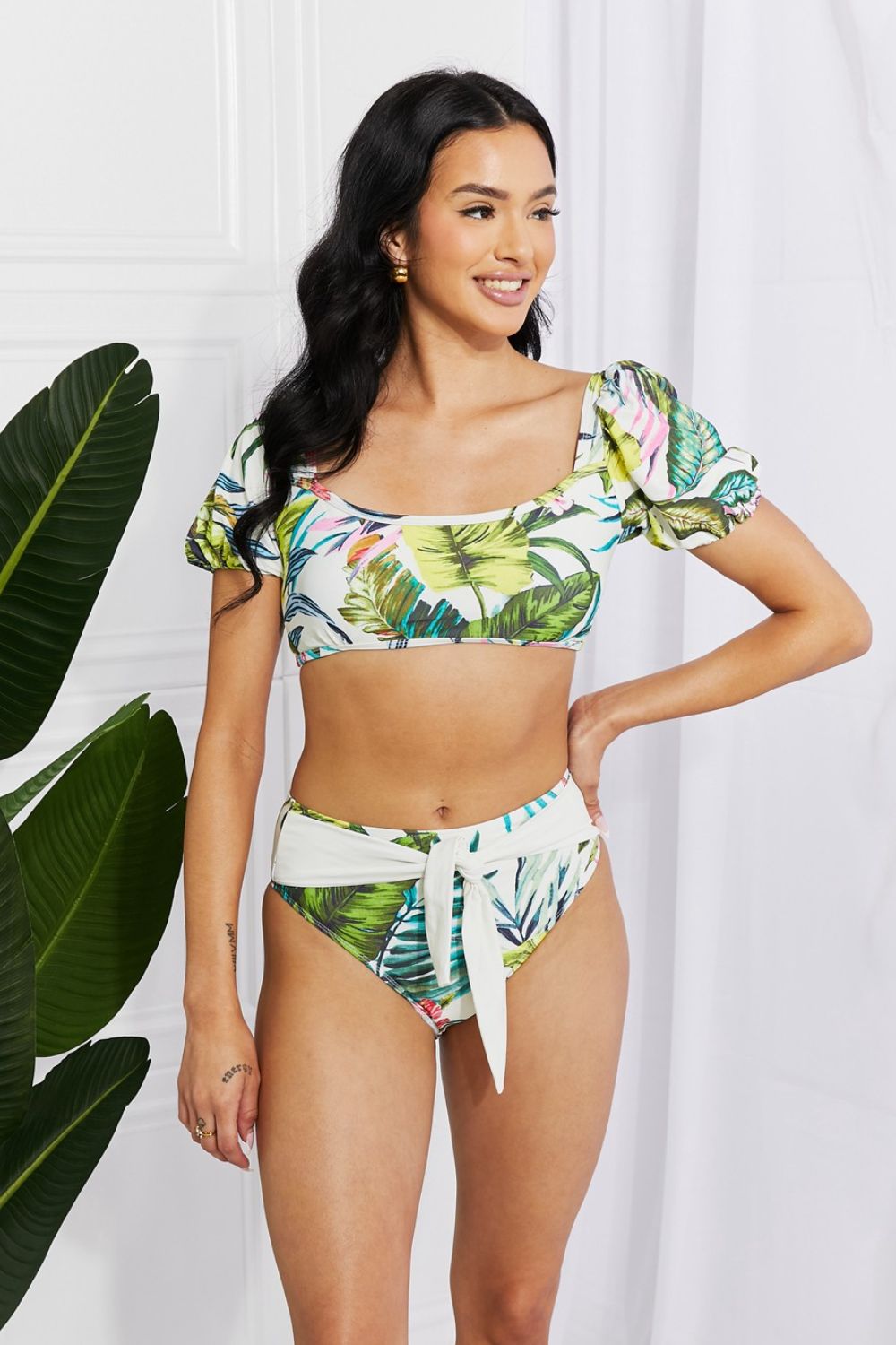 Marina West Swim Vacay Ready Puff Sleeve Bikini in Floral-Teresa&#39;s Fashionista LLC