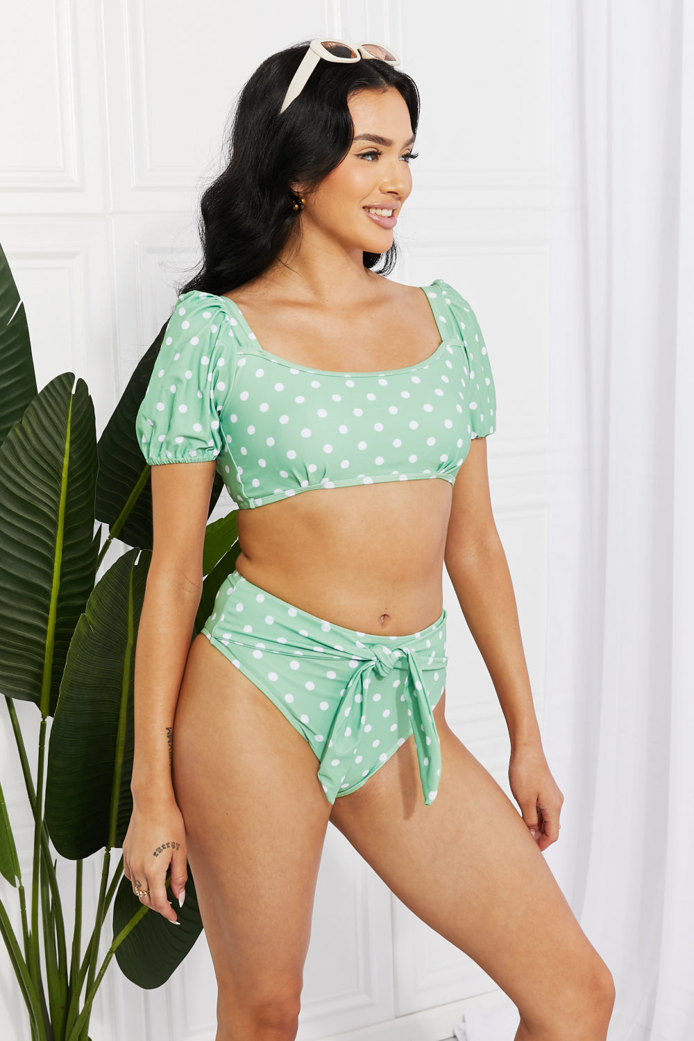 Marina West Swim Vacay Ready Puff Sleeve Bikini in Gum Leaf-Teresa&#39;s Fashionista LLC