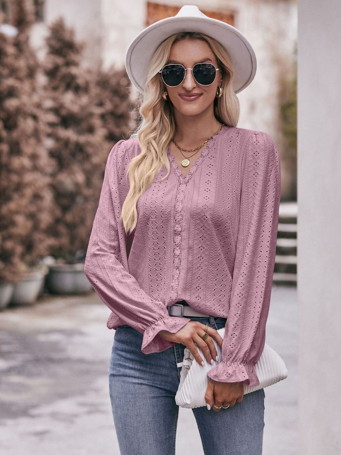 Eyelet V-Neck Flounce Sleeve Blouse-Teresa&#39;s Fashionista LLC