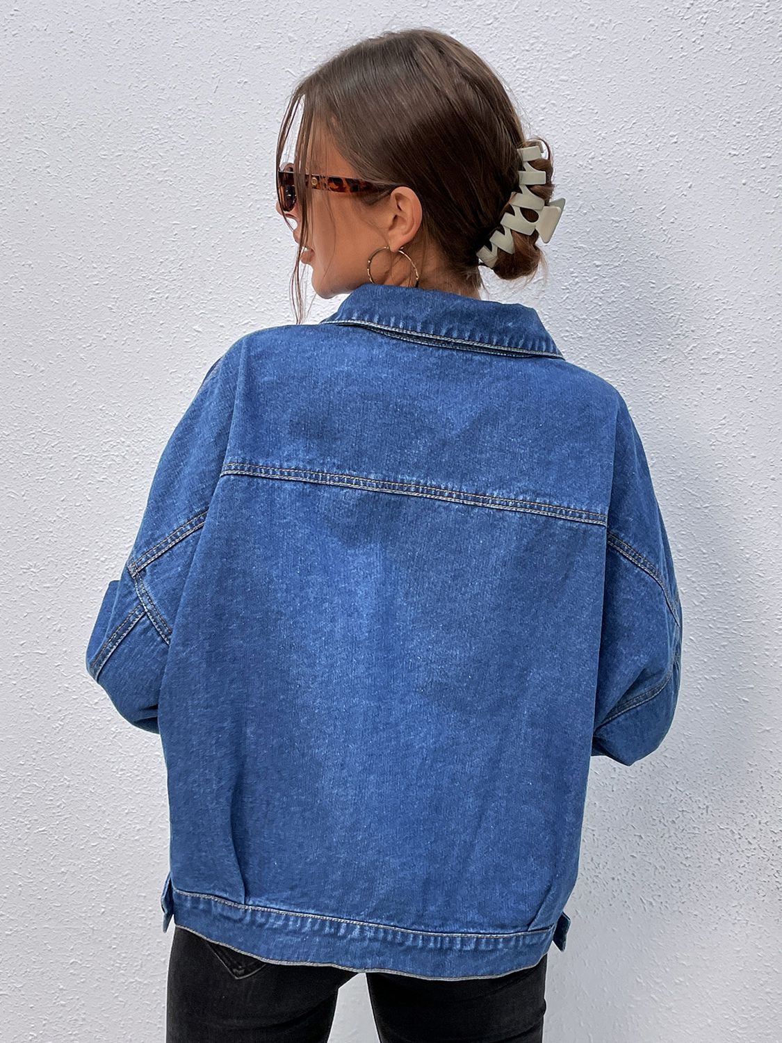 Collared Neck Dropped Shoulder Denim Jacket-Teresa&#39;s Fashionista LLC