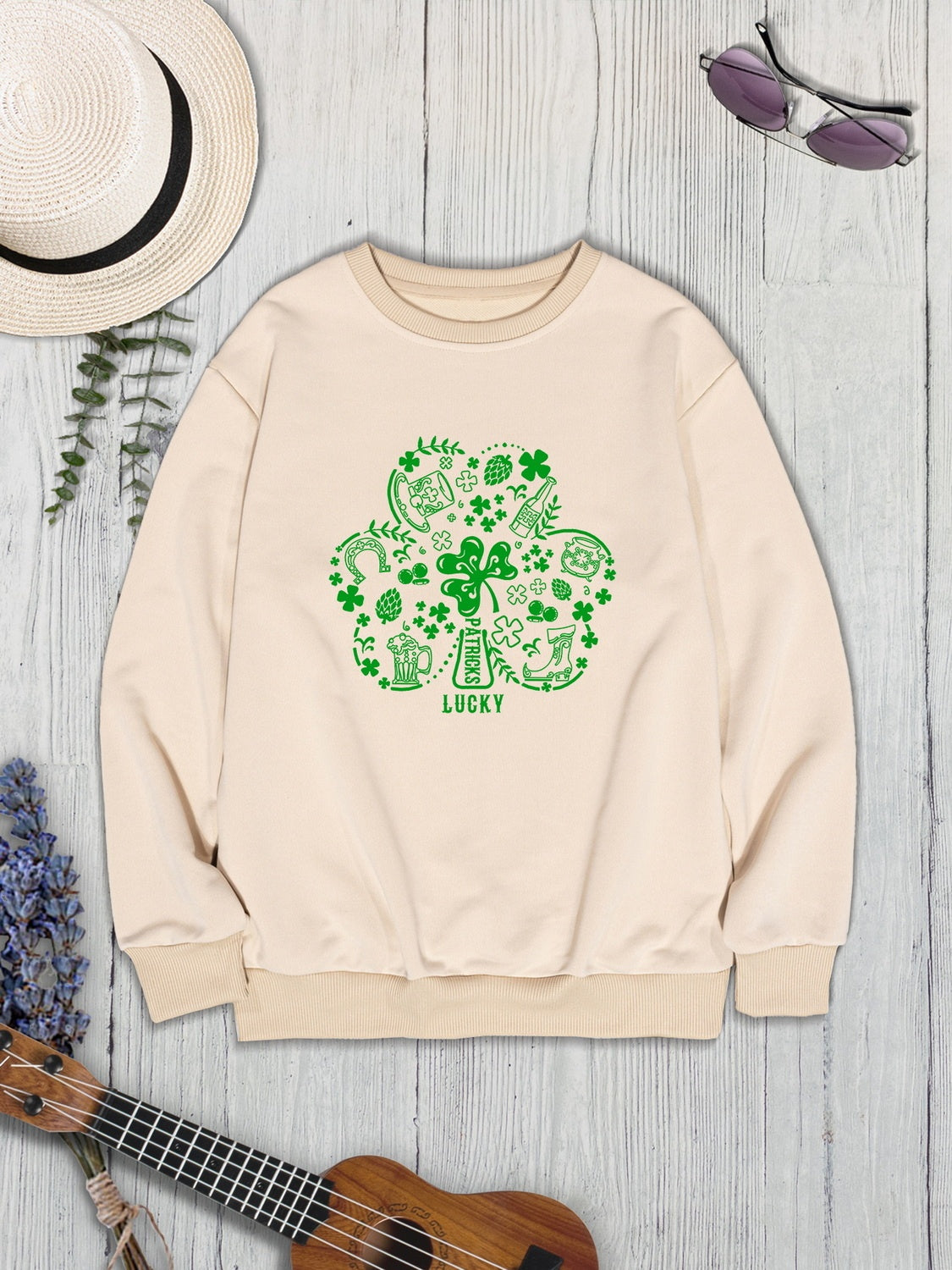 Lucky Clover Round Neck Sweatshirt-Teresa&#39;s Fashionista LLC