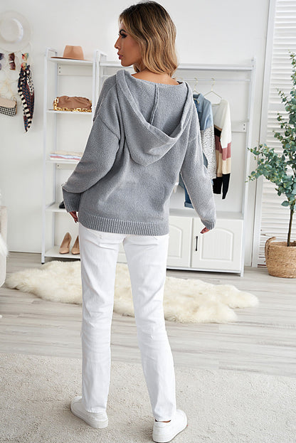 Lace Trim Half-Button Drawstring Knit Hoodie-Teresa&#39;s Fashionista LLC