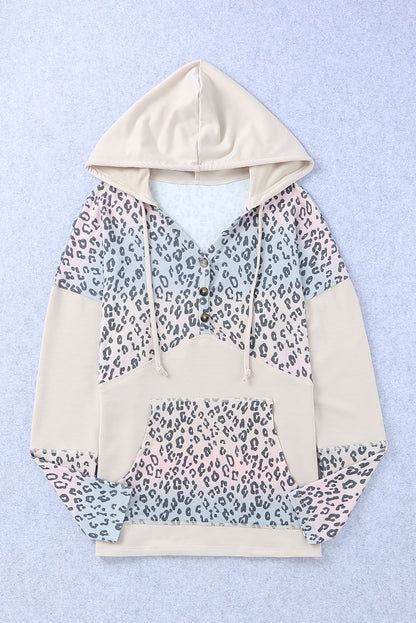 Leopard Color Block Buttoned Drawstring Detail Hoodie-Teresa&#39;s Fashionista LLC