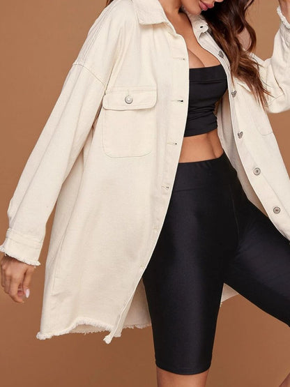 Collared Neck Button-Up Dropped Shoulder Denim Jacket-Teresa&#39;s Fashionista LLC