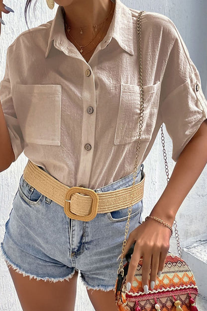 Roll-Tab Sleeve Shirt with Pockets-Teresa&#39;s Fashionista LLC