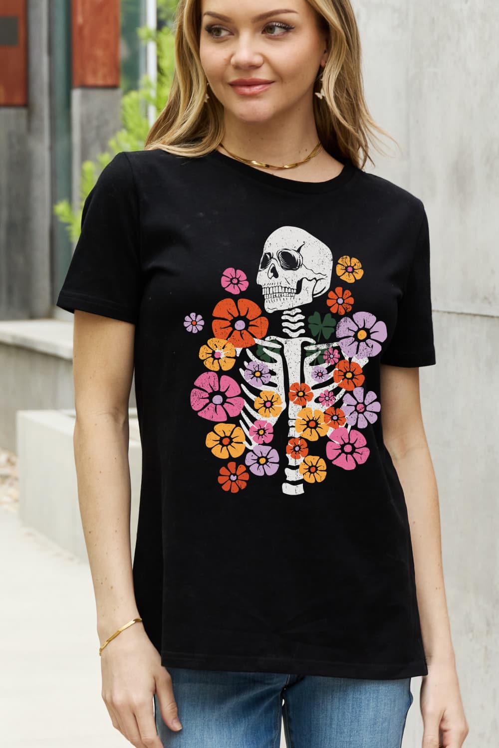 Simply Love Simply Love Full Size Skeleton & Flower Graphic Cotton Tee-Teresa&#39;s Fashionista LLC