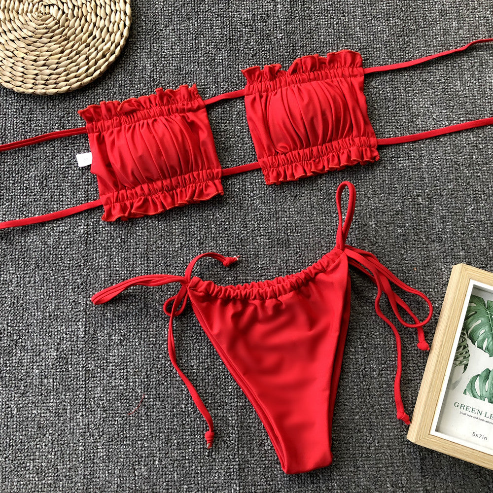 Frill Trim Ruched Bikini Set-Teresa&#39;s Fashionista LLC