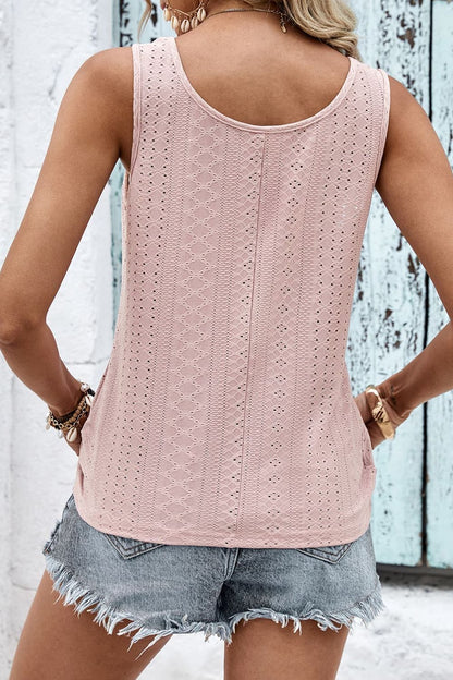 Decorative Button Hem Detail Eyelet Tank-Teresa&#39;s Fashionista LLC