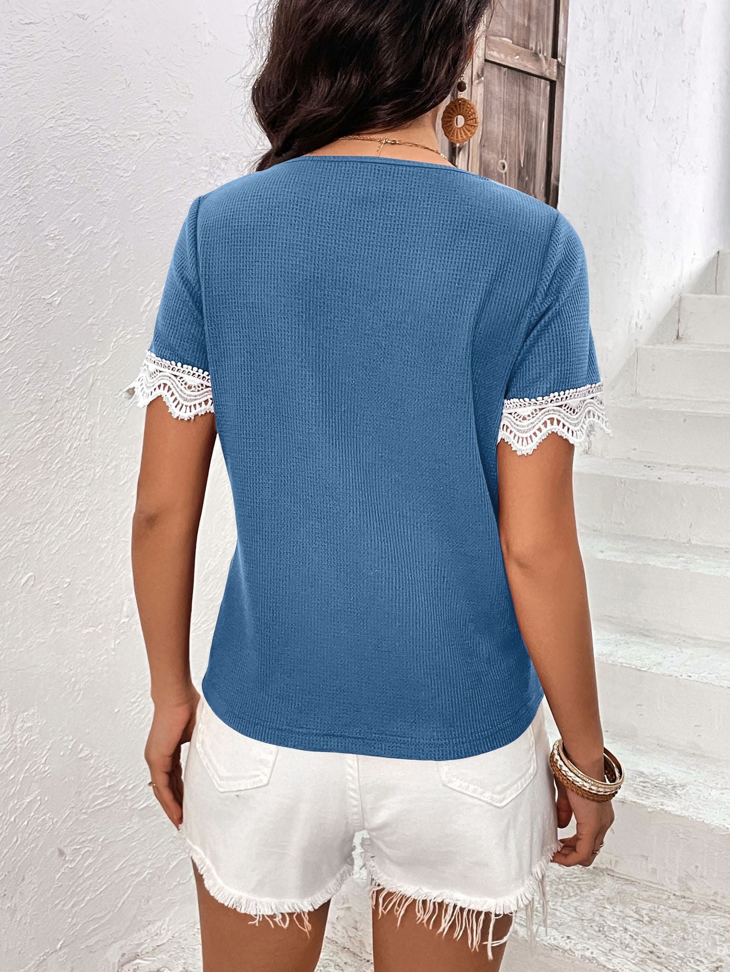 Decorative Button Spliced Lace Short Sleeve Top-Teresa&#39;s Fashionista LLC