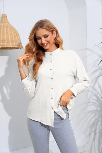 Mock Neck Buttoned Long Sleeve Shirt-Teresa&#39;s Fashionista LLC