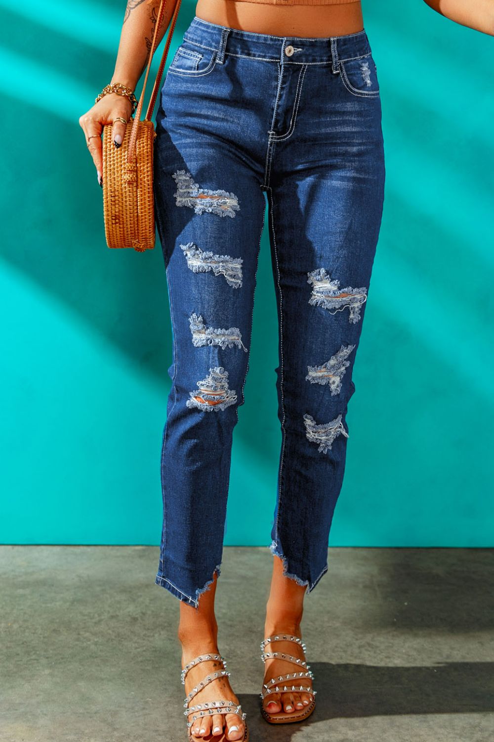 High-Rise Distressed Hem Detail Jeans-Teresa&#39;s Fashionista LLC