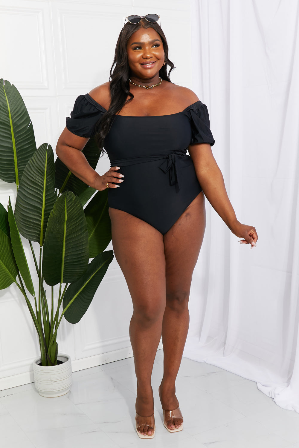 Marina West Swim Salty Air Puff Sleeve One-Piece in Black-Teresa&#39;s Fashionista LLC