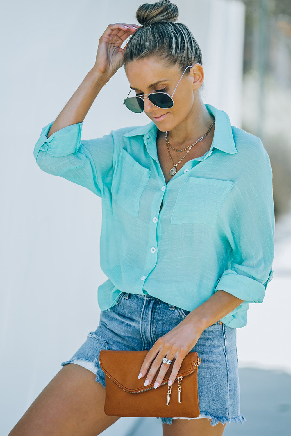 Button-Up Shirt with Breast Pockets-Teresa&#39;s Fashionista LLC