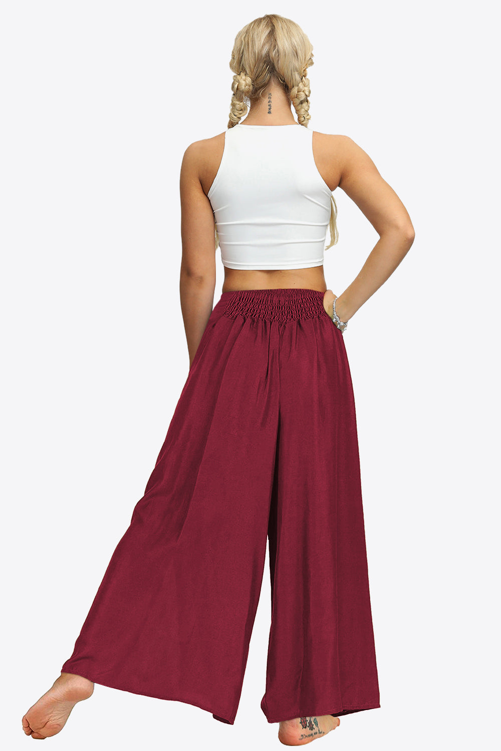 Smocked Split Wide Leg Long Pants-Teresa&#39;s Fashionista LLC