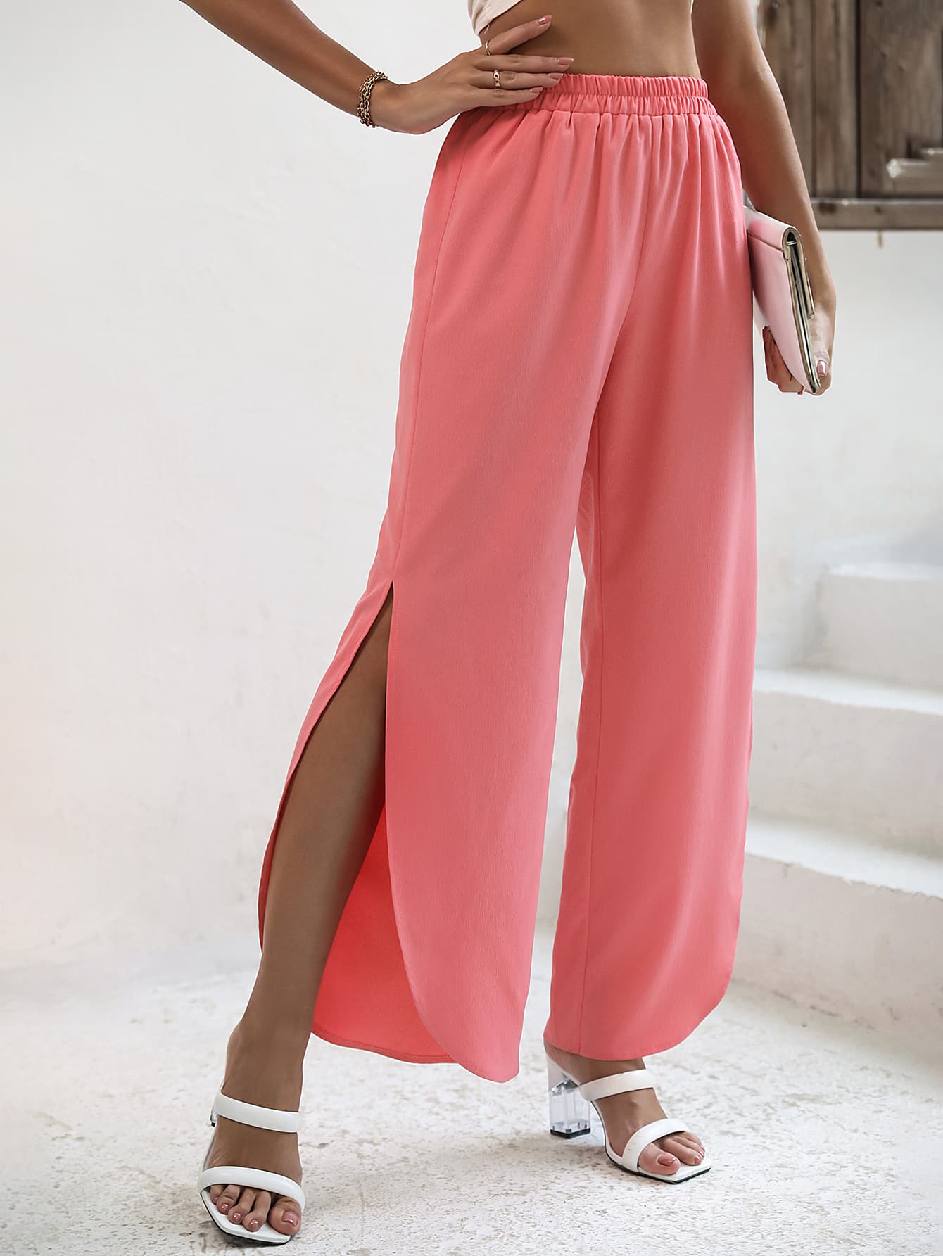 Elastic Waist Slit Wide Leg Pants-Teresa&#39;s Fashionista LLC