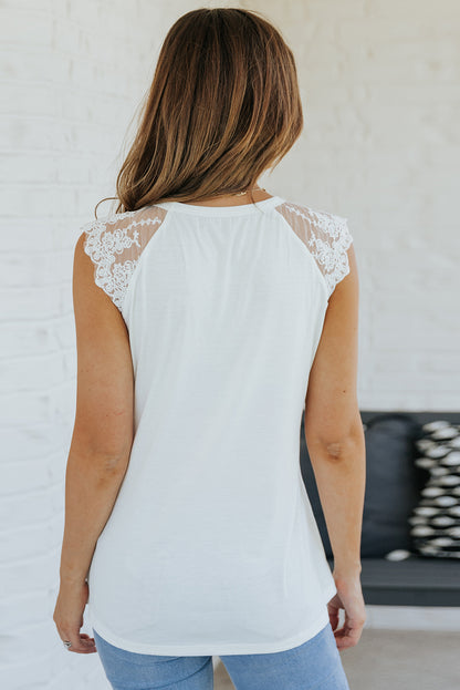 Lace Yoke Round Neck Tank-Teresa&#39;s Fashionista LLC