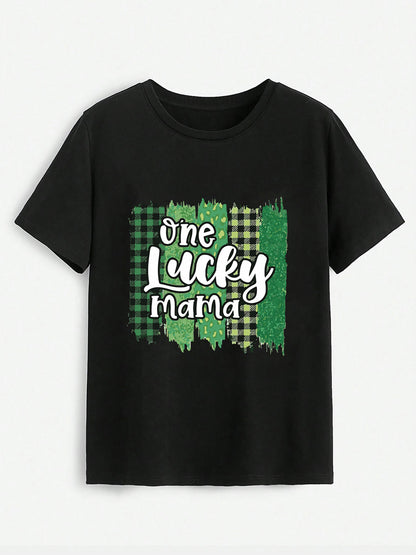 ONE LUCKY MAMA Round Neck T-Shirt-Teresa&#39;s Fashionista LLC