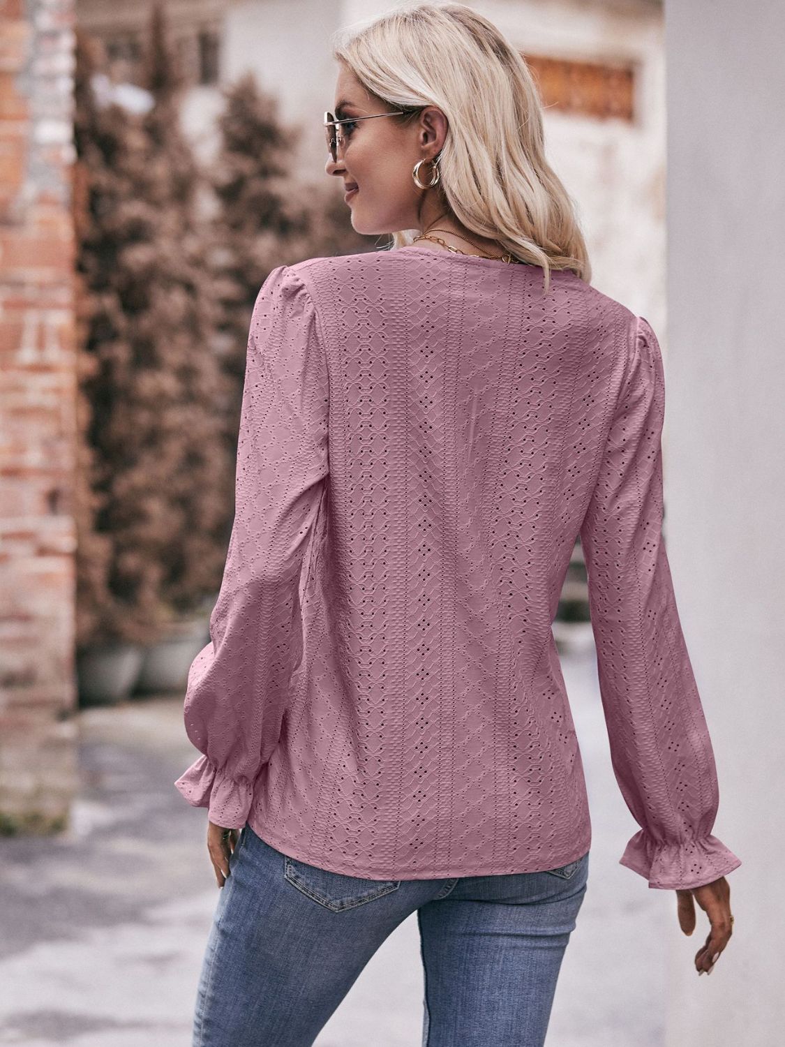 Eyelet V-Neck Flounce Sleeve Blouse-Teresa&#39;s Fashionista LLC