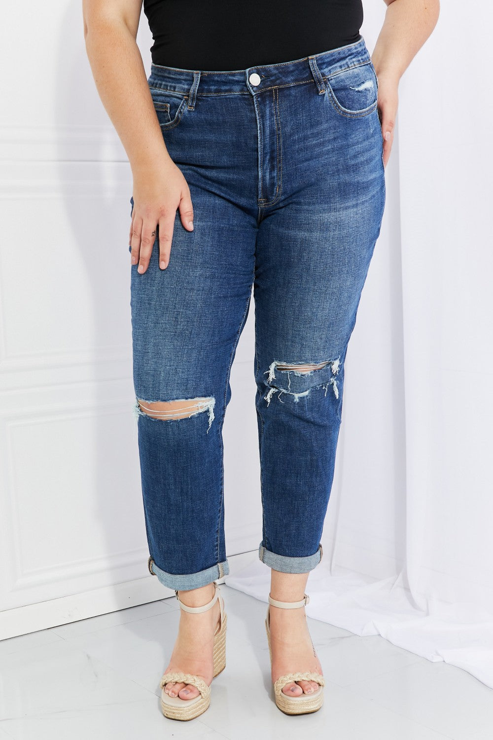 Vervet by Flying Monkey Full Size Distressed Cropped Jeans with Pockets-Teresa&#39;s Fashionista LLC