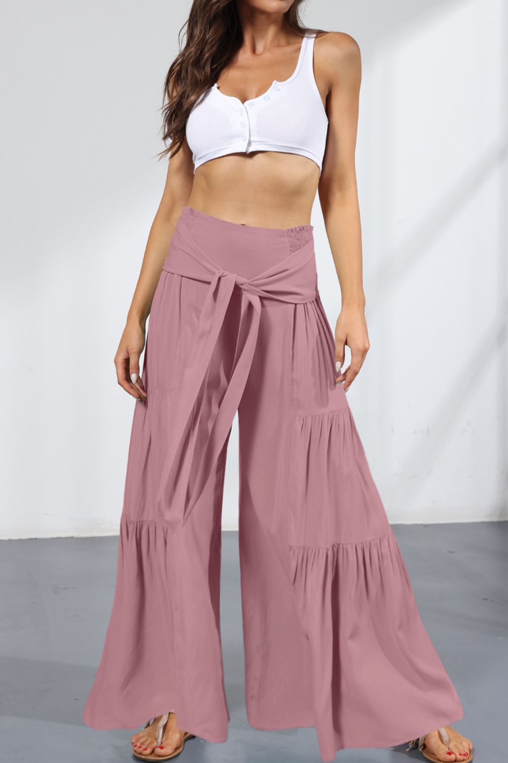 Tie Front Smocked Tiered Culottes-Teresa&#39;s Fashionista LLC