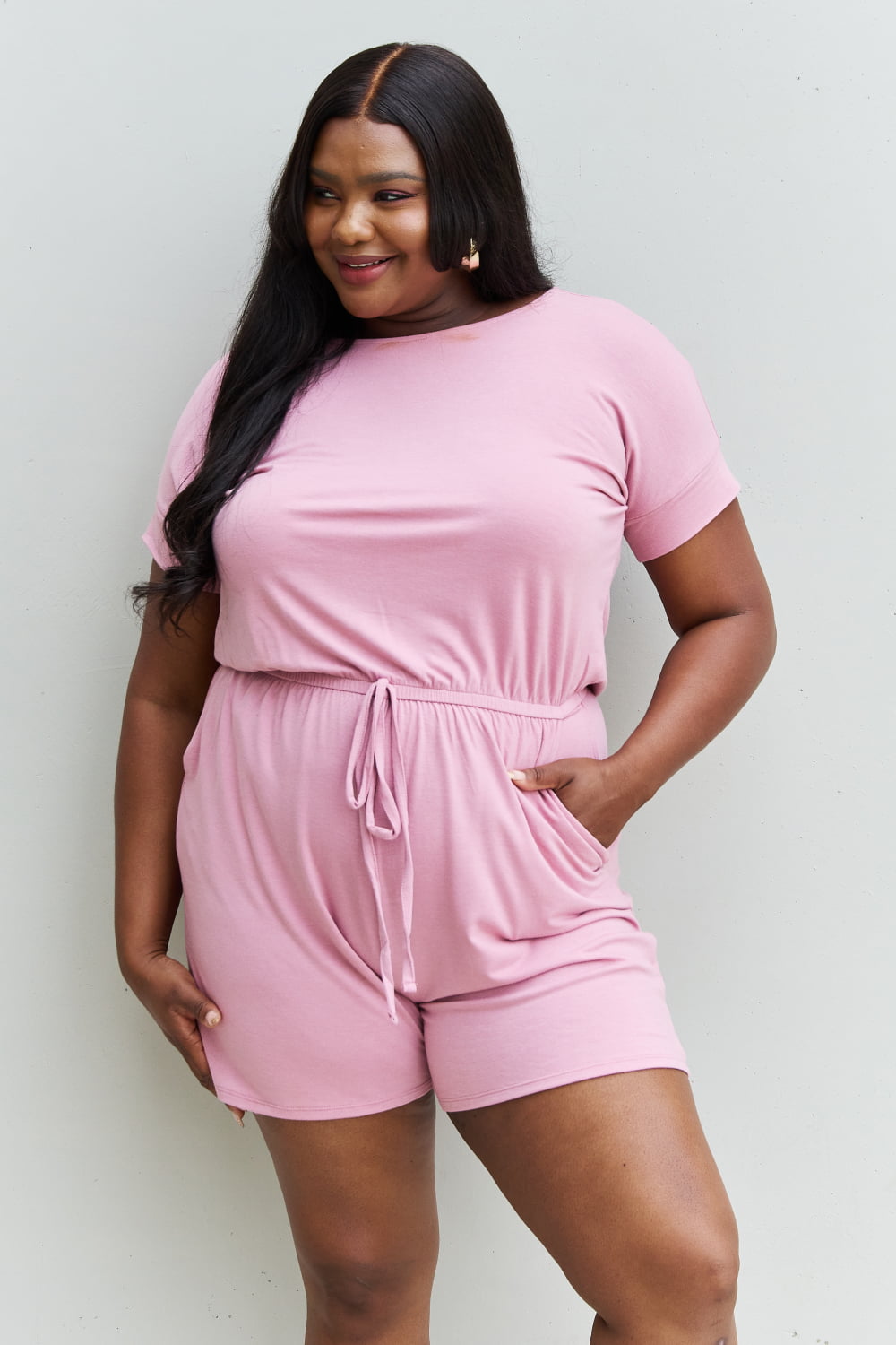 Zenana Chilled Out Full Size Short Sleeve Romper in Light Carnation Pink-Teresa&#39;s Fashionista LLC