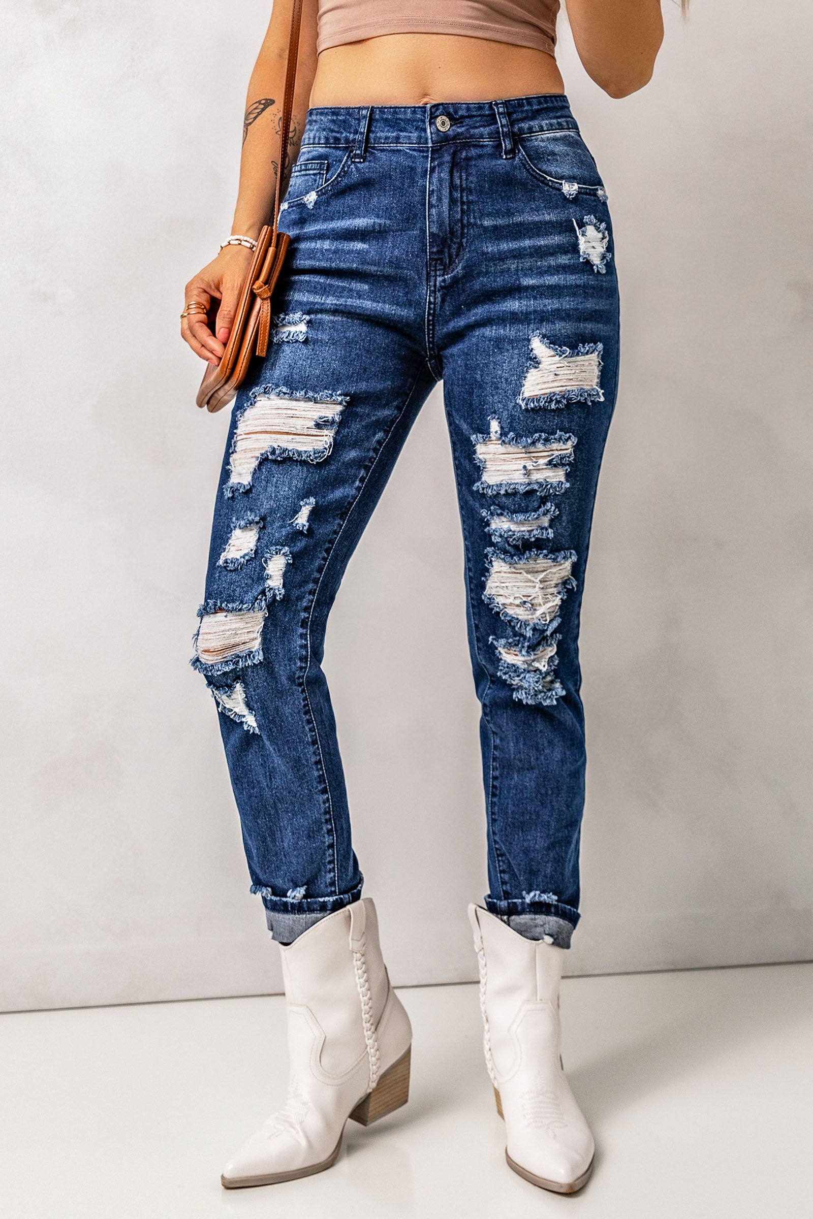 Distressed High Waist Jeans with Pockets-Teresa&#39;s Fashionista LLC