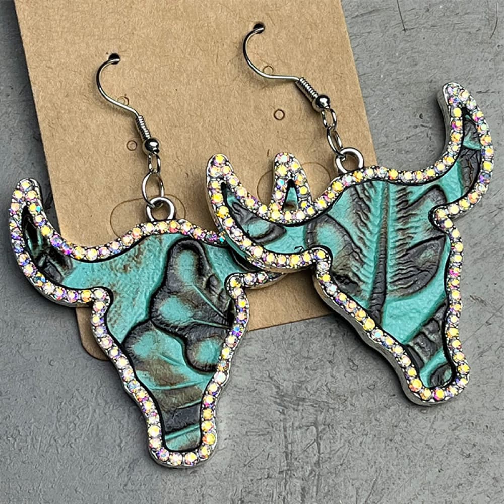 Rhinestone Trim Alloy Bull Earrings-Teresa&#39;s Fashionista LLC