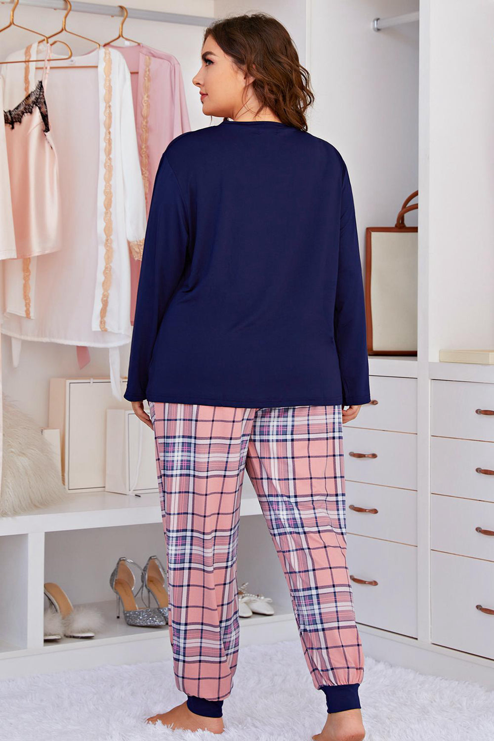 Plus Size Heart Graphic Top and Plaid Joggers Lounge Set-Teresa&#39;s Fashionista LLC