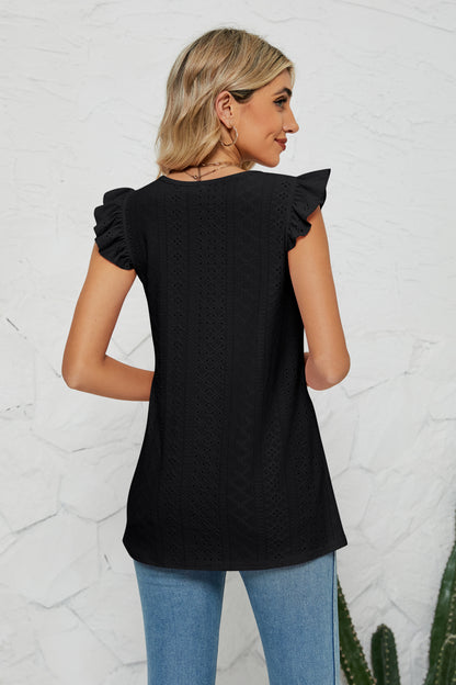 Smocked Round Neck Eyelet Top-Teresa&#39;s Fashionista LLC