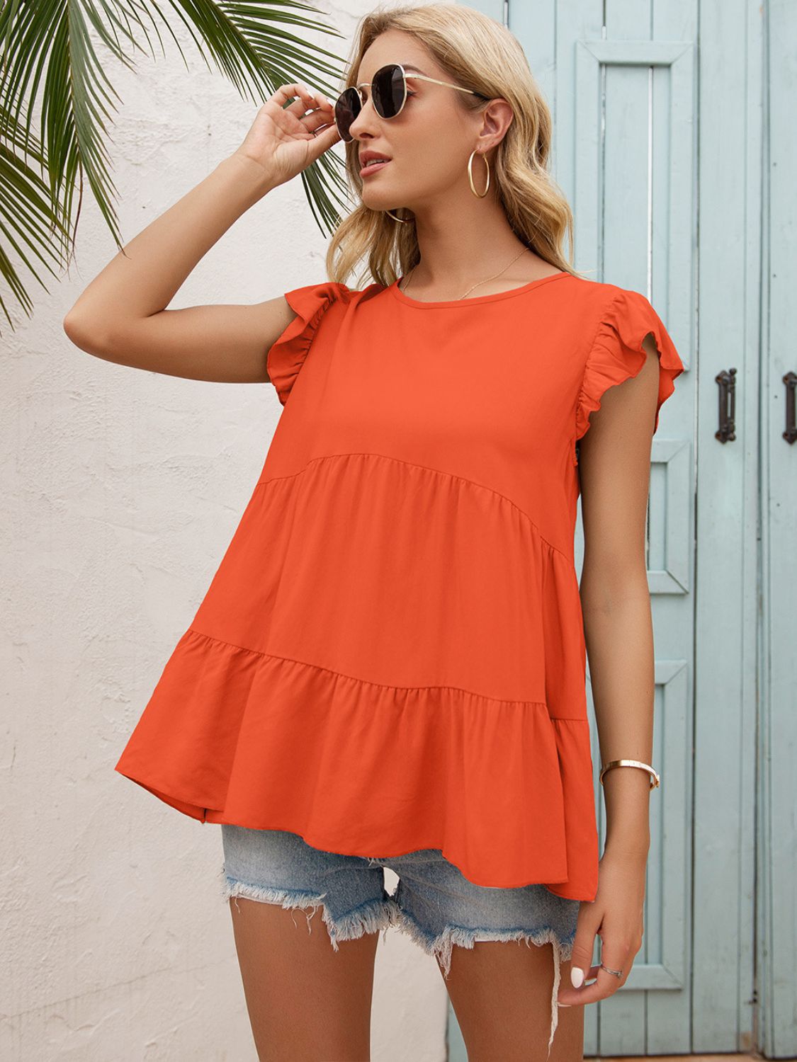 Round Neck Flutter Sleeve Tiered Blouse-Teresa&#39;s Fashionista LLC