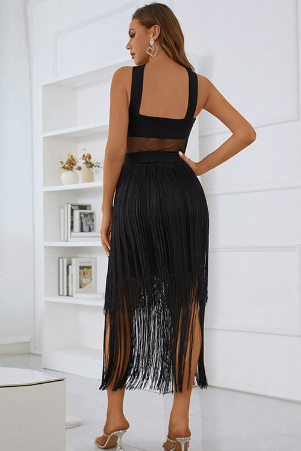 Spliced Mesh Fringe Hem Sleeveless Dress-Teresa&#39;s Fashionista LLC