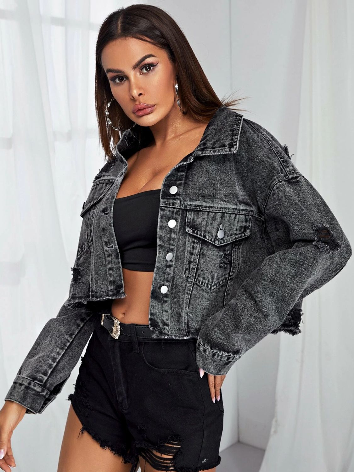 Dropped Shoulder Collared Neck Denim Jacket-Teresa&#39;s Fashionista LLC