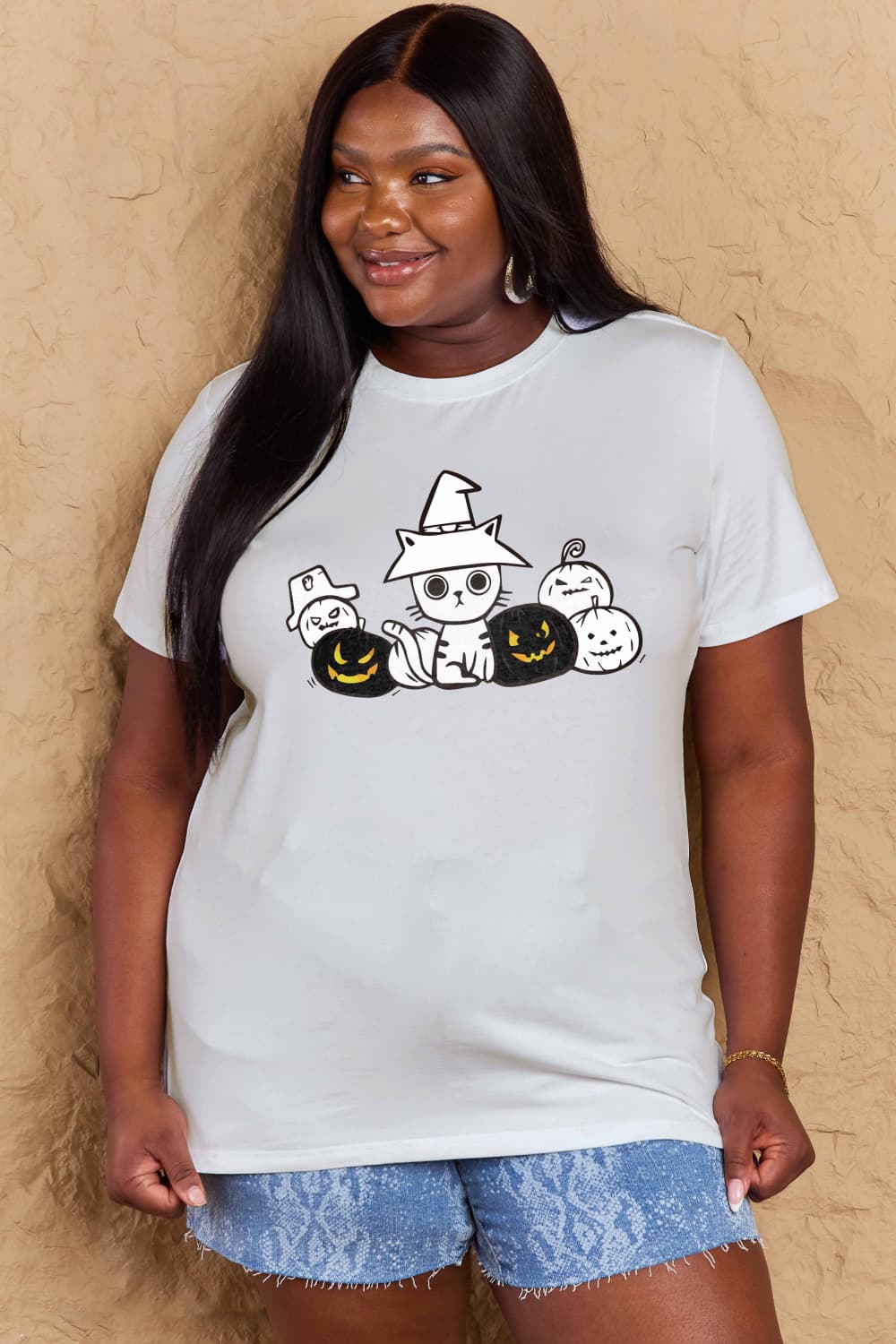 Simply Love Full Size Cat & Pumpkin Graphic Cotton T-Shirt-Teresa&#39;s Fashionista LLC