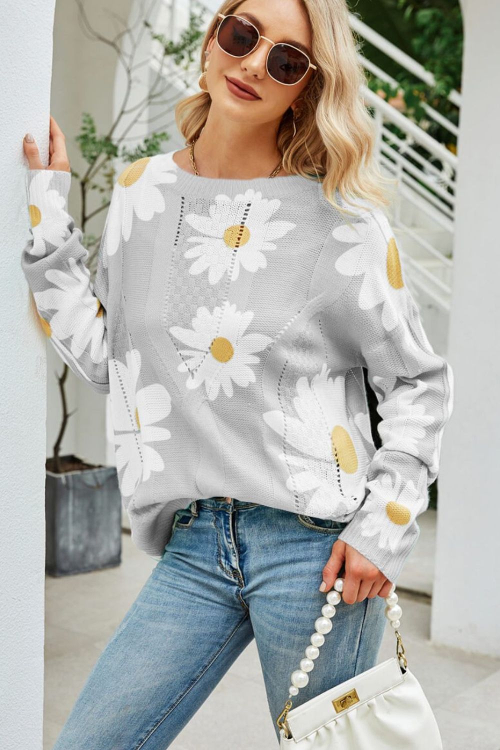 Daisy Print Openwork Round Neck Sweater-Teresa&#39;s Fashionista LLC